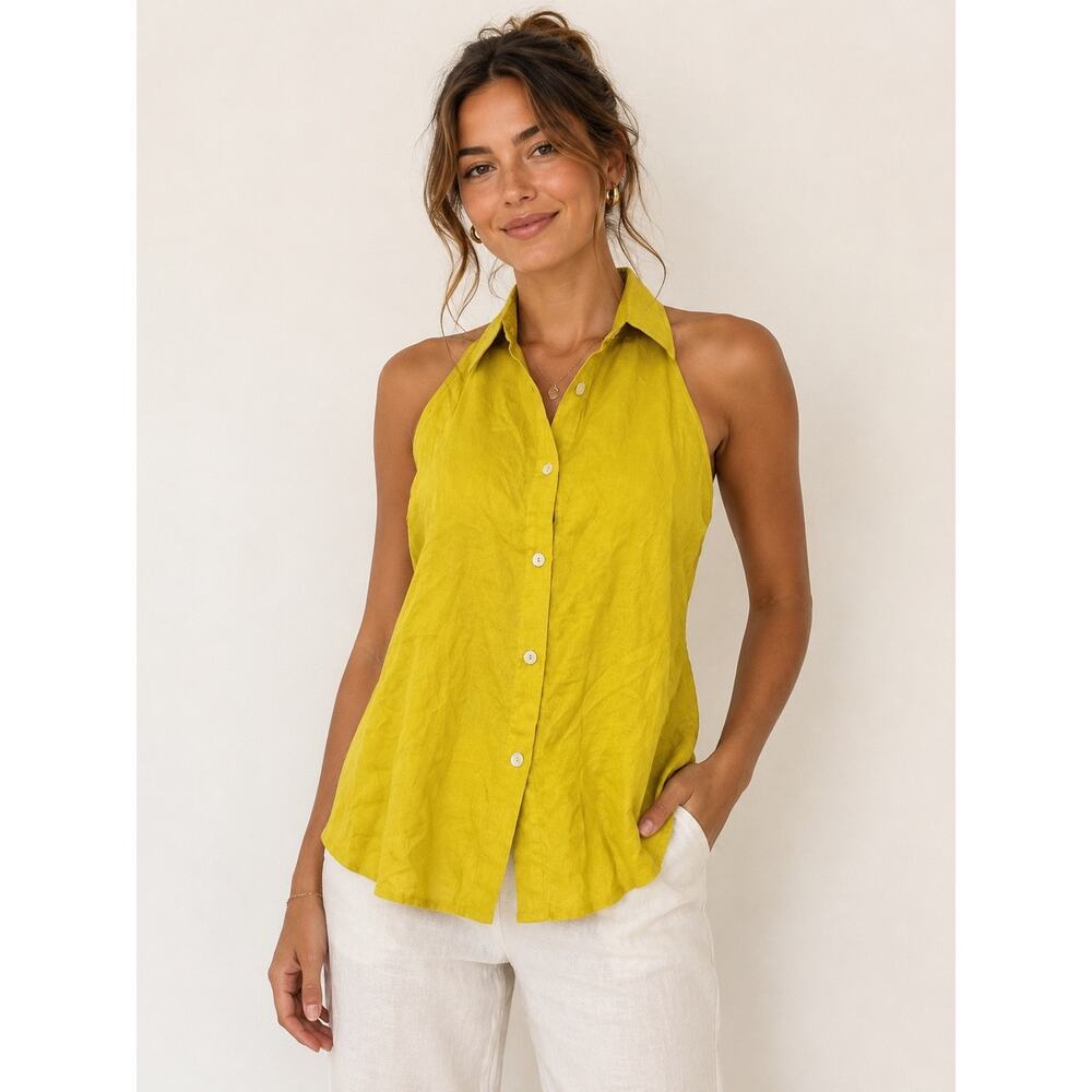 Sleeveless Collared Button-Front Top in Chartreuse